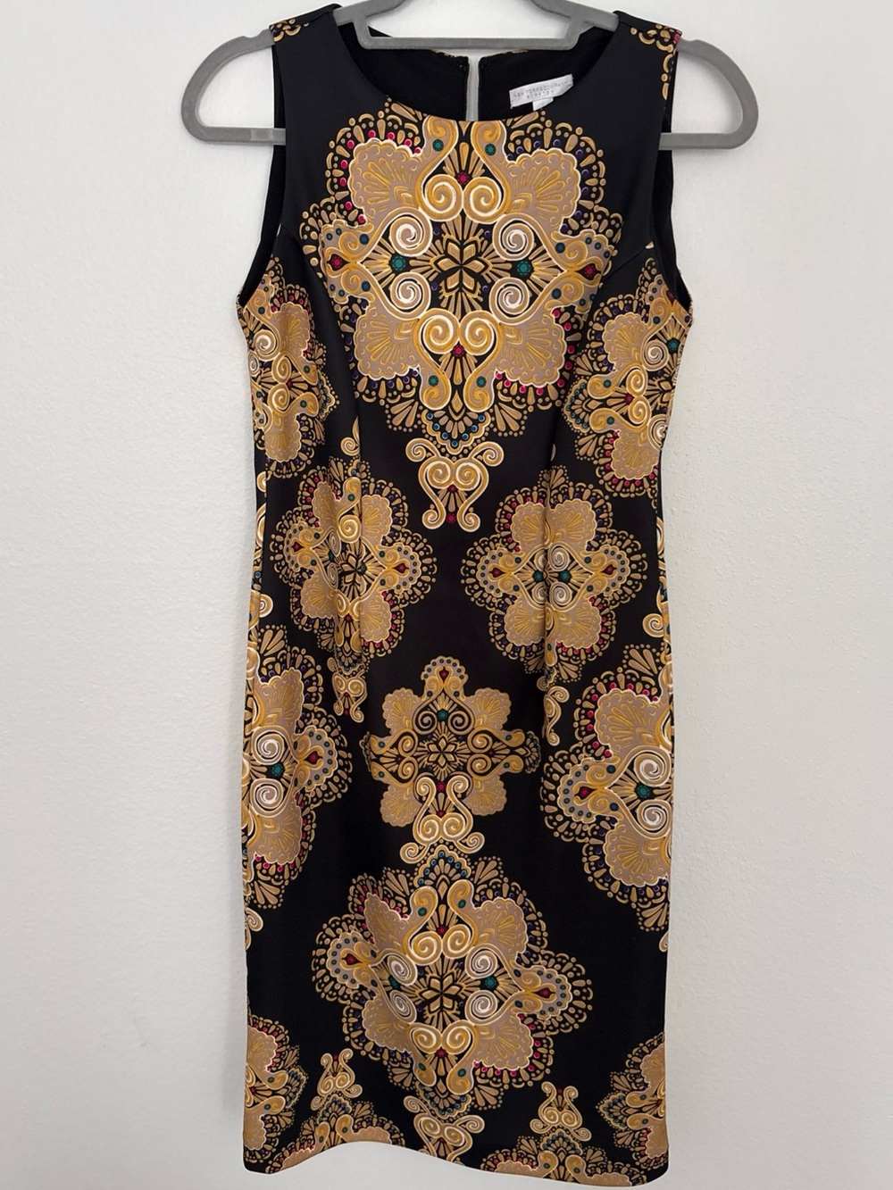 New York & Company Black Midi scuba Dress with Gold Medallion Print
